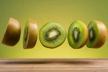 Kiwi slices hover midair, their vibrant green hues illuminated against a wood surface