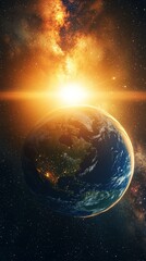Obraz premium Stunning view of planet Earth from space with bright sunrise over American continent, glowing atmosphere and colorful nebula in deep space background, cosmic art.