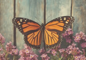 Stunning Monarch Butterfly Perched Over Delicate Purple Flowers on Wooden Background, Capturing the Beauty of Nature in Vibrant Colors and Intricate Details