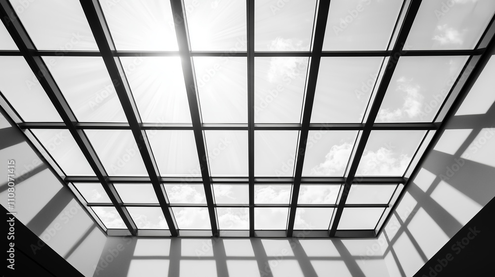 Aufkleber light filters through a grid skylight casting shadows on a wall in a modern architectural space