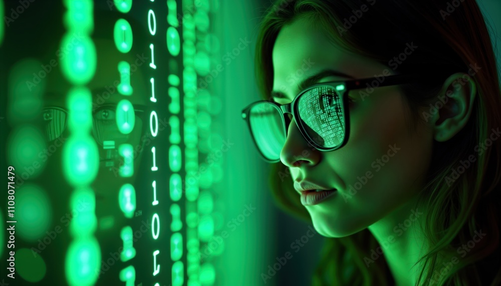 Aufkleber focused woman examines glowing green digital code reflected in glasses. intrigued by tech innovation