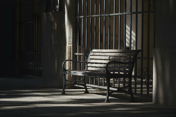 Weathered bench facing dimly lit bars, casting contemplative, serene shadows