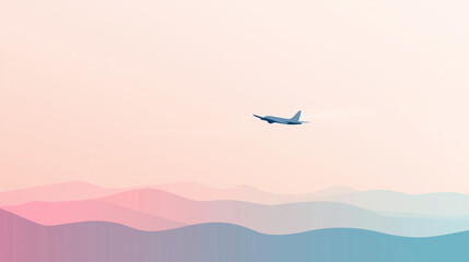 Fototapeta premium Airplane flying over pastel mountains in minimalist illustration