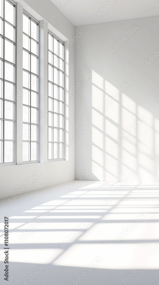 Poster bright minimalist white interior with large grid windows casting dramatic geometric shadows on empty