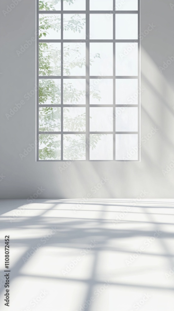 Poster minimalist white interior with large grid window casting geometric shadows on empty floor, creating 
