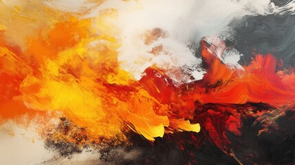 Fiery burst of oranges, yellows, and reds blending into abstract textured swirls evoking energy and movement