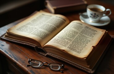 Obraz premium Antique book open on wooden table. Pages aged, show wear. Suggests study research. Coffee cup sits near book. Gentle lighting. Scene conveys learning, education. Old style wooden desk suggests