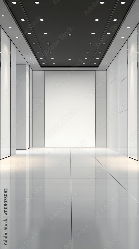 Poster modern minimalist white corridor interior with spotlights on black ceiling and reflective marble flo