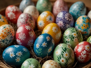 Painted Easter eggs with floral designs.