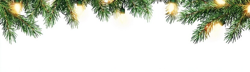 Obraz premium Seamless decorative christmas border with coniferous branches and garlands of christmas lights on white background 