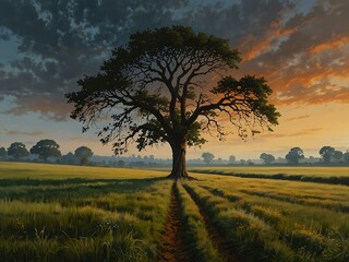 Fototapeta premium Painting of a tree in a field.