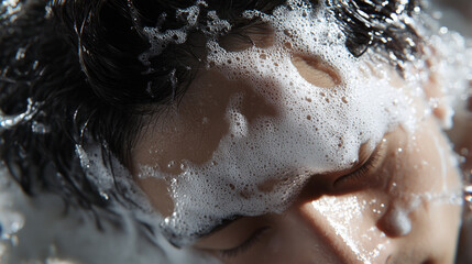 Fototapeta premium Relaxing hair wash with rich foam on a person's head