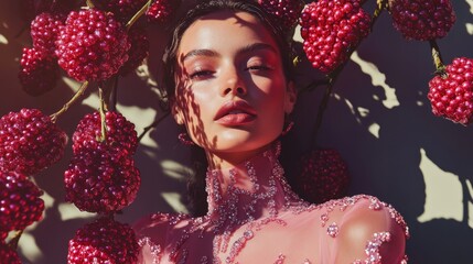 Enchanting woman surrounded by lush red berries in sunlight