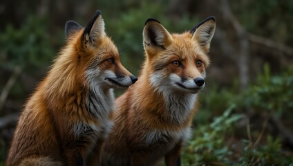 Naklejka premium Pair of red foxes in the wild.