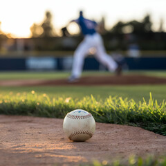 Baseball lies on dirt mound blurred pitcher glows in golden sunlight For Social Media Post Size