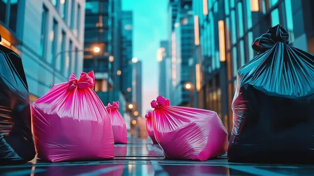 Black and pink trash bags sit on a city street.