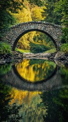 Old stone bridge over a quiet river with reflections of the surrounding forest, Scenic Stone Bridge Over River Surrounded by Lush Green Trees, hd wallpaper, nature, iPhone wallpaper,