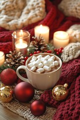 Cozy holiday scene with hot chocolate and marshmallows amid candlelit decor