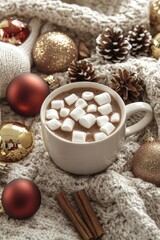 Fototapeta premium Cozy hot chocolate with marshmallows surrounded by festive decorations and pine cones