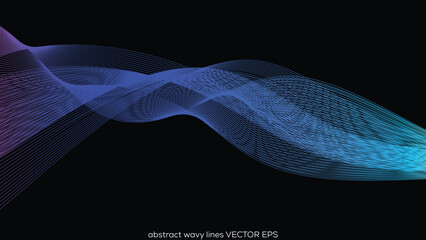 Vector wave lines flowing dynamic in colorful purple blue green isolated on black background for concept of AI technology  digital  communication  science  music