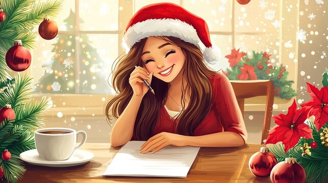 A girl in a Santa hat sitting at the table, holding an ink pen, thinking about holiday gifts with a coffee mug and festive decorations in the background 2026 - 2027.