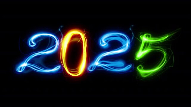 Neon scribble number 2025 year with glowing effect on transparent background