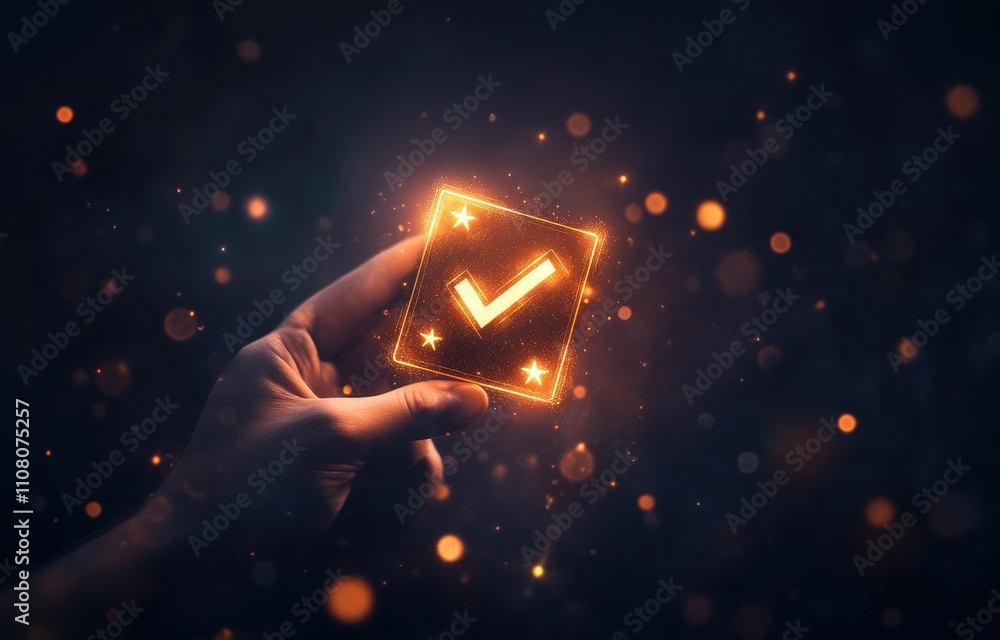Poster a glowing checkmark icon held in a hand, symbolizing approval or validation.