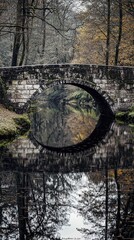 Historic Stone Bridge with Symmetrical Reflection in a Serene Forest, Rustic Stone Bridge Over Calm River in Autumn Forest, hd wallpaper, nature, iPhone wallpaper, smartphone wallpaper