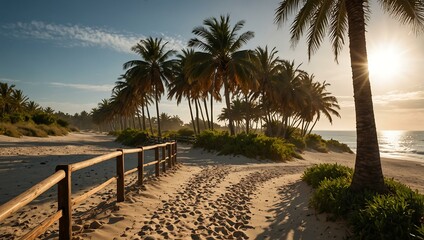 Palm trees lining a sunlit beach pathway.