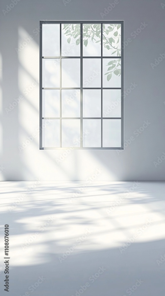 Poster minimalist white interior with sunlight casting soft tree shadows through gridded window, creating e