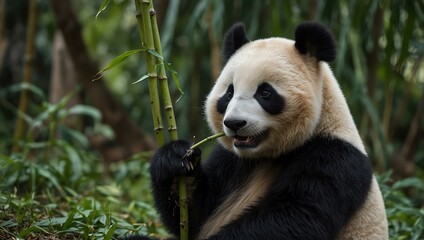 Fototapeta premium Panda eating bamboo, looking at the camera.