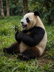 Obraz premium Panda munching bamboo in nature.