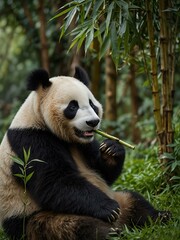 Fototapeta premium Panda munching bamboo in nature.