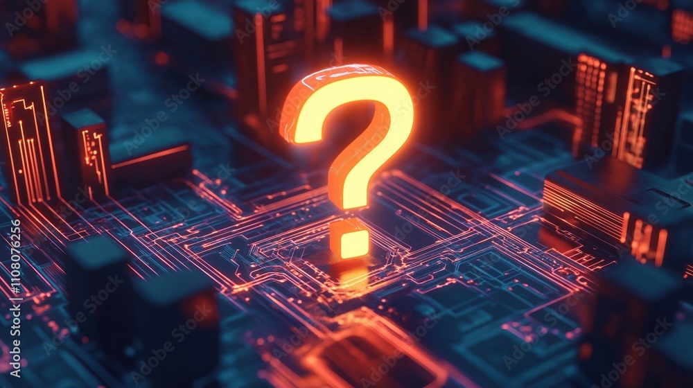 Poster Glowing question mark tech illustration. Digital circuit board. Inquiry, exploration concept. Modern graphic design. Futuristic tech landscape. Symbolic innovation. Problem solving. Digital tech