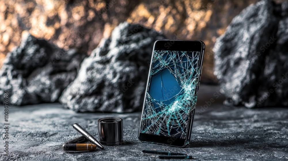 Poster innovative action shot of a cracked smartphone on a textured surface in a creative digital studio