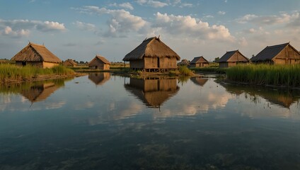 Obraz premium Panorama of Gurande’s salt marshes with thatched-roof houses reflecting the sky.