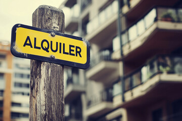 Obraz premium A focused shot of a bold yellow alquiler sign on a wooden post in an urban setting with modern apartment buildings in the background