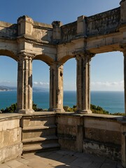 Fototapeta premium Panoramic view from the top of a historic building, with the sea and coastline in the distance.