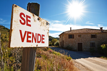 Obraz premium A for-sale sign stands prominently in front of a rustic house under a bright sun showcasing a serene rural landscape