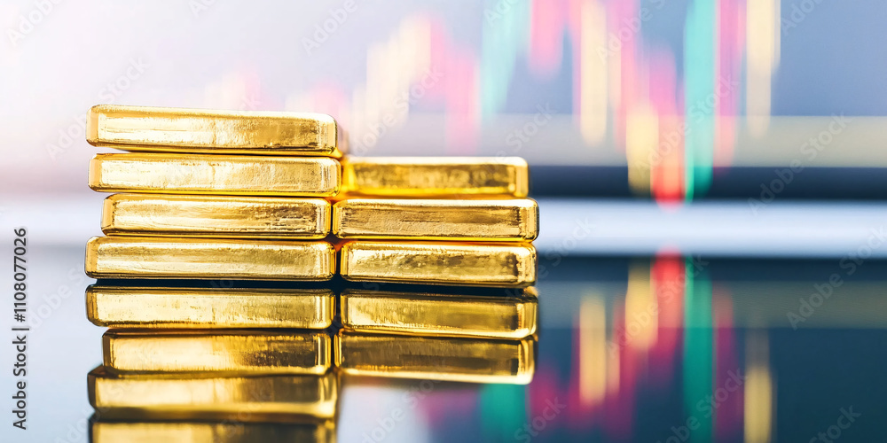 Poster artistic photo of gold bars stacked neatly on a reflective surface with financial charts in the back