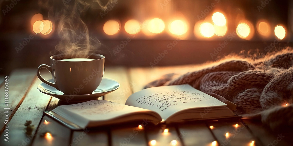 Poster a cozy scene featuring a steaming cup of tea beside an open book, illuminated by soft candlelight cr