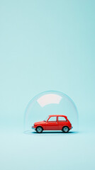Fototapeta premium A red toy car is displayed under a transparent dome against a soft blue backdrop creating a minimalist and modern aesthetic