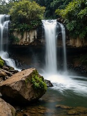 Obraz premium Panoramic view of Jinba Falls shrouded in tranquility.