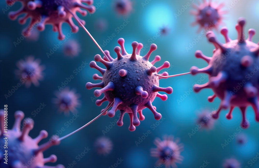 Poster close-up view of dangerous purple, blue virus cells under microscope. microscopic organisms in 3d fo