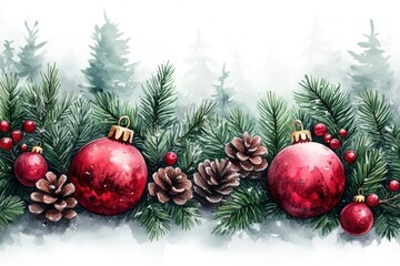 Watercolor Christmas Frame with Fir Branches and Ornaments