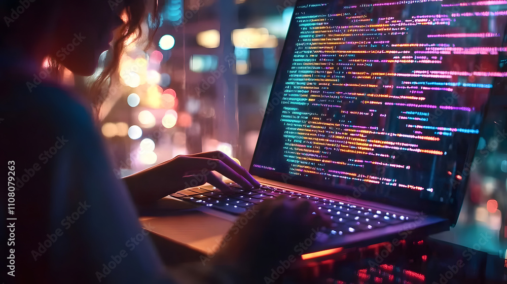 Poster a person types on a laptop, displaying colorful code and software development in a vibrant nighttime