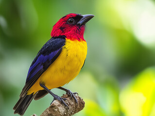 Fototapeta premium Close-up of a colorful tropical bird with vibrant plumage perched on a branch in lush green surroundings
