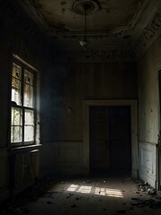 Paranormal scene in an abandoned mansion with shadowy figures.