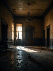 Paranormal scene in an abandoned mansion with shadowy figures.