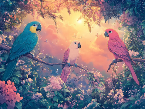 Three colorful parrots perched on flowering branches in dreamy pastel sunset forest scene